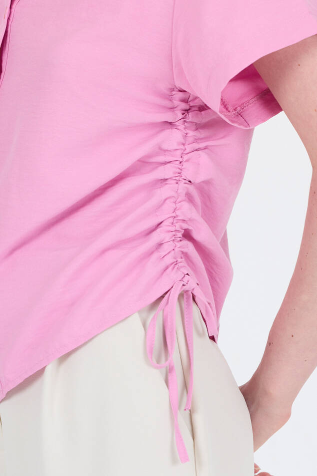 Pembe Yanları Büzgülü Bağcıklı Kısa Kollu Gömlek 4368A - 4