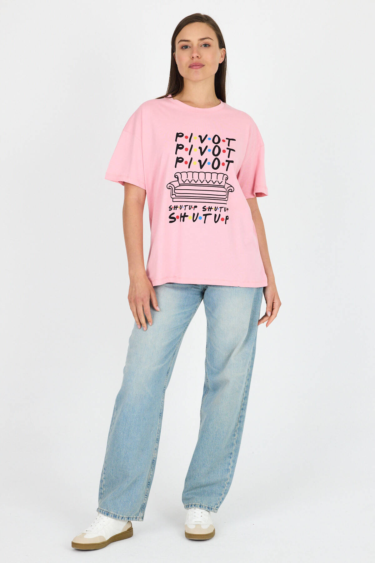 Pembe Yazı Baskılı %100 Pamuk Oversize Tişört 2150-10M - 2