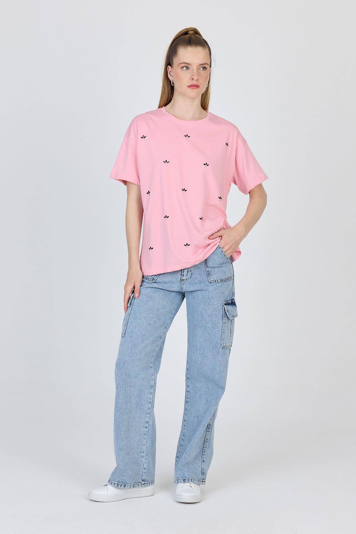 Pembe Yazı Baskılı %100 Pamuk Oversize Tişört 2150-18M - 2