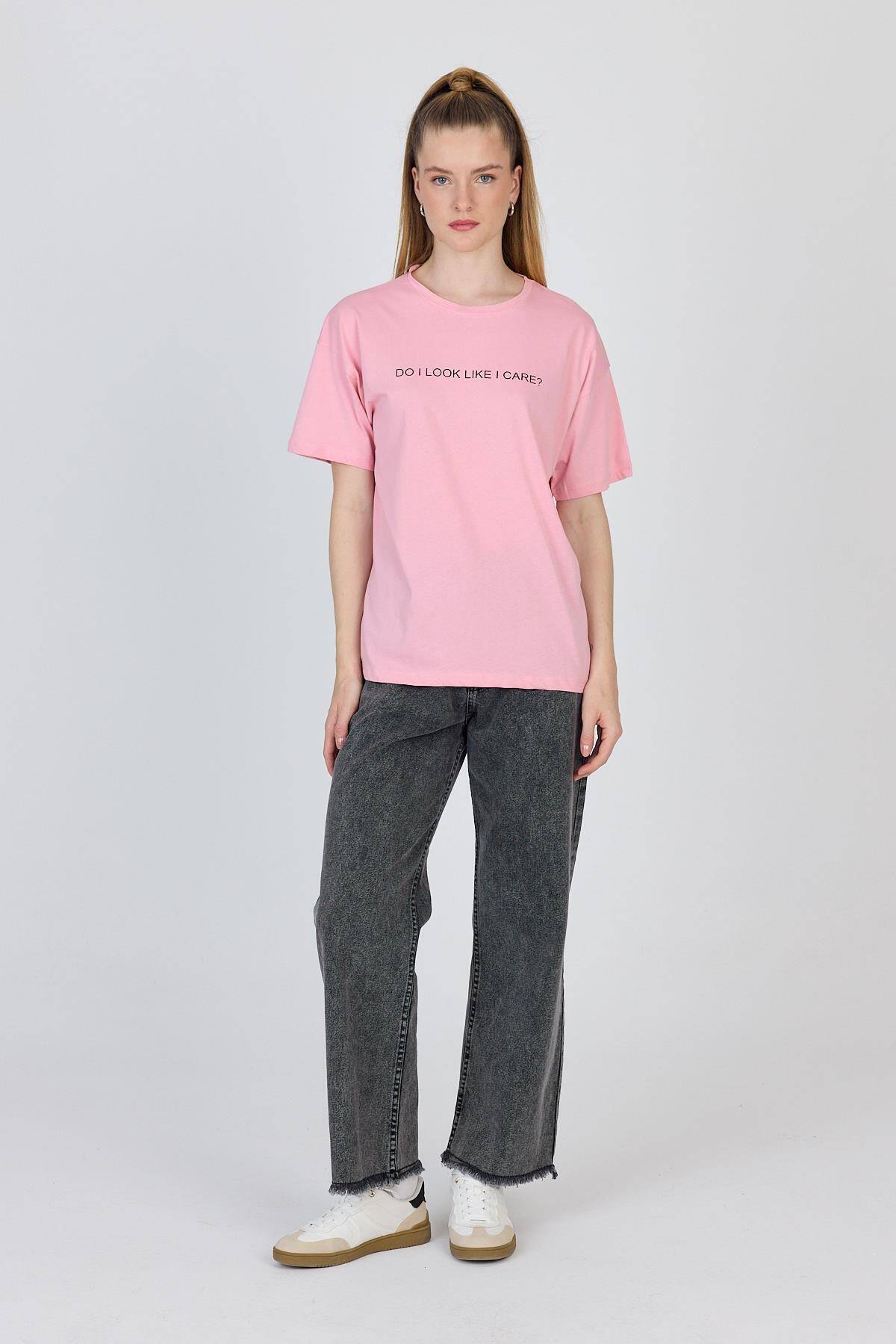 Pembe Yazı Baskılı %100 Pamuk Oversize Tişört 2150-5M - 2