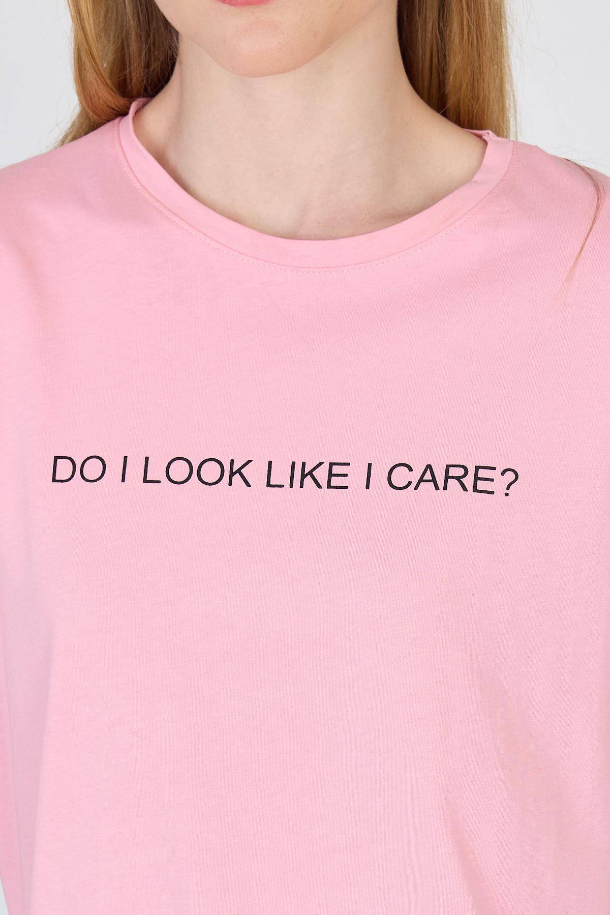 Pembe Yazı Baskılı %100 Pamuk Oversize Tişört 2150-5M - 4