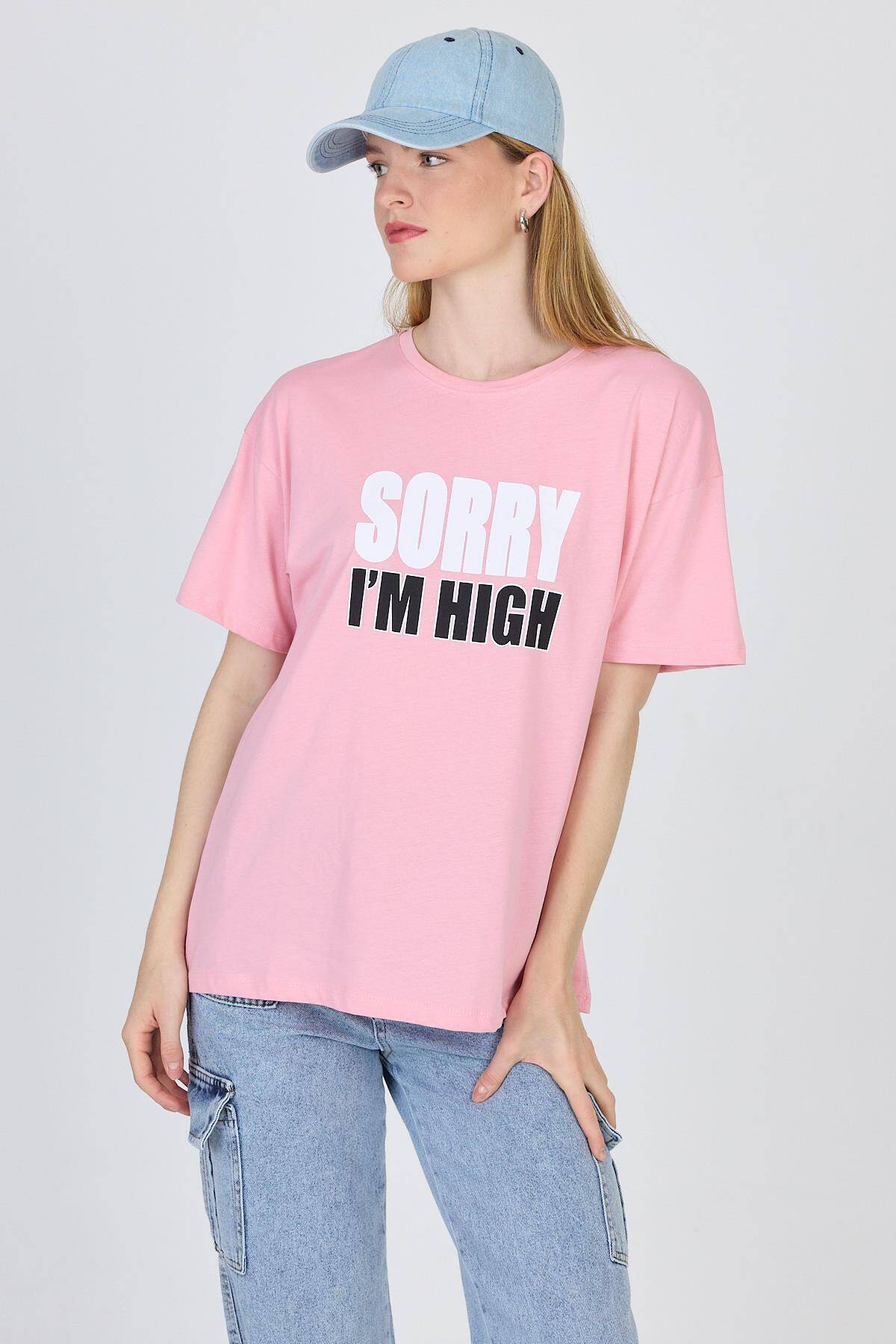 Pembe Yazı Baskılı %100 Pamuk Oversize Tişört 2150-7M - 2