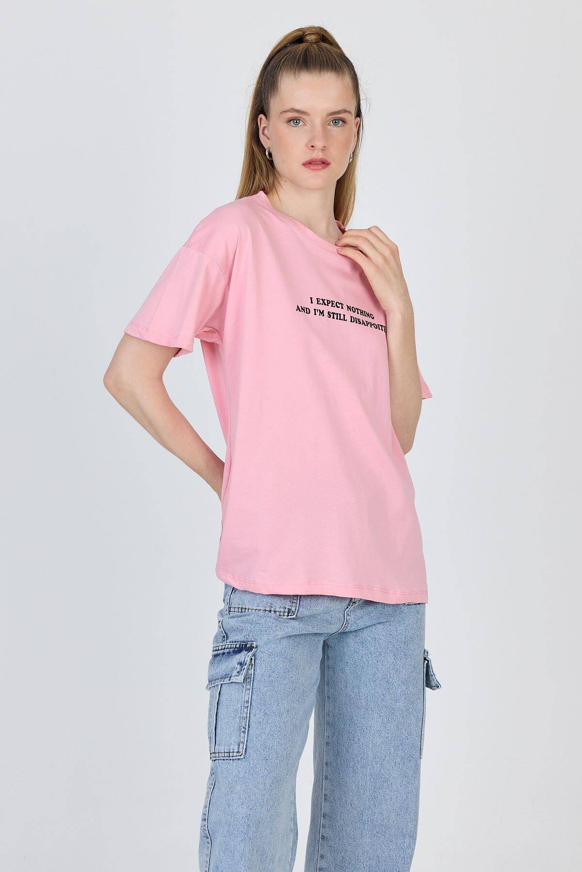 Pembe Yazı Baskılı %100 Pamuk Oversize Tişört 2150-8M - Stilay