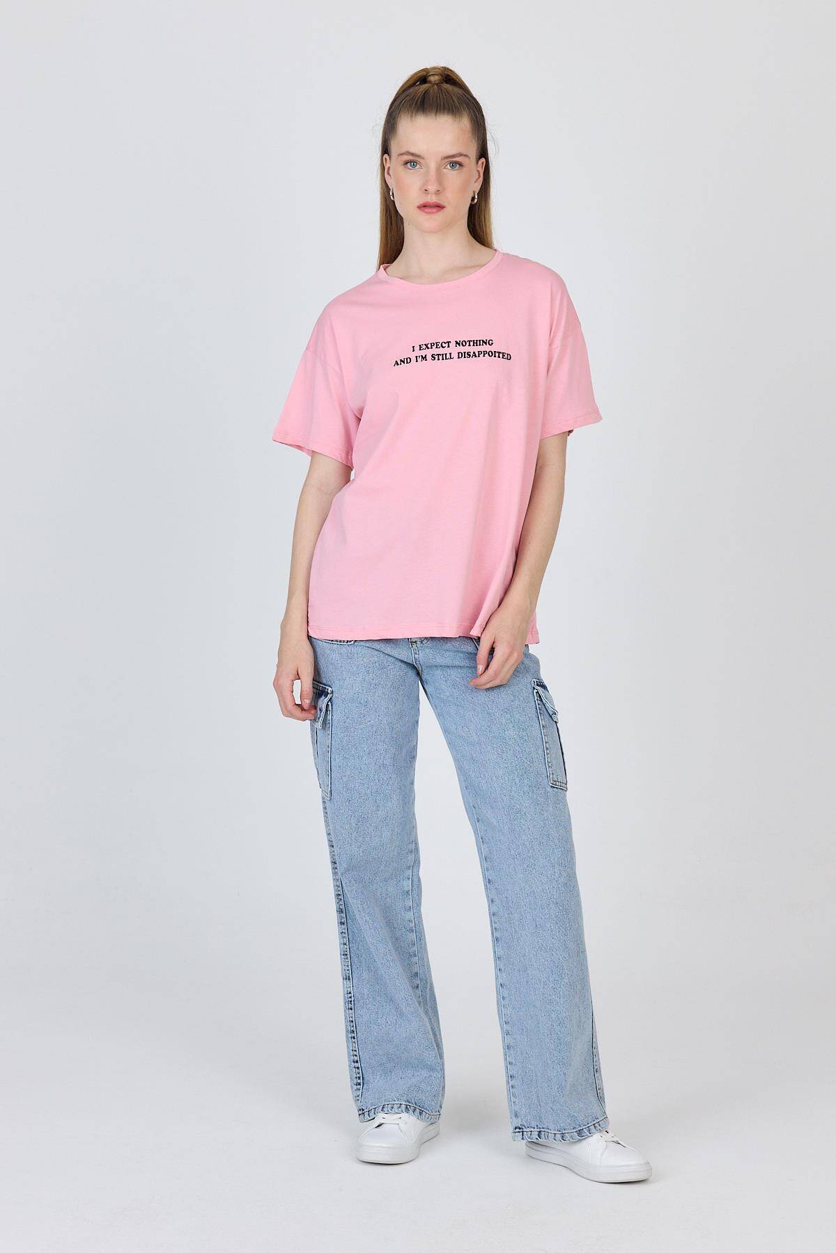 Pembe Yazı Baskılı %100 Pamuk Oversize Tişört 2150-8M - 3