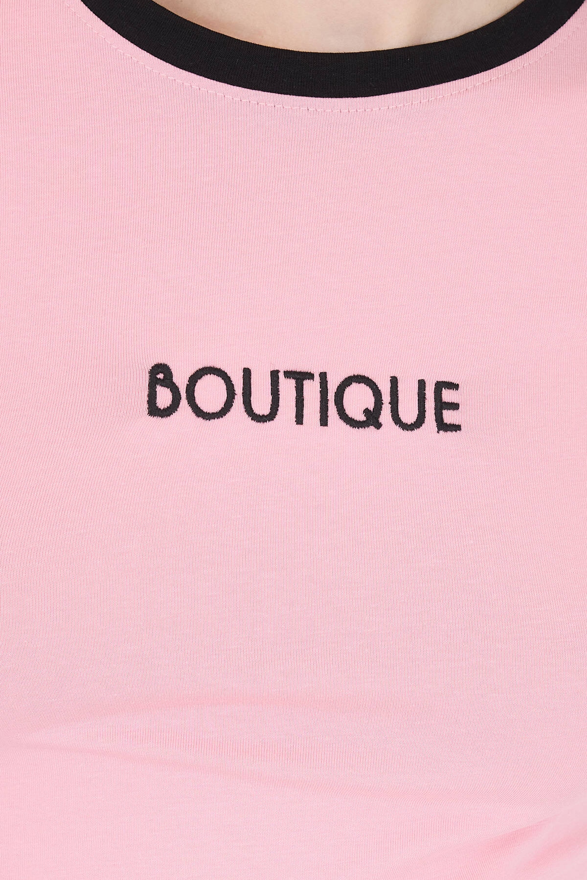 Pembe Yazı Baskılı Biyeli Pamuklu Slim Fit Tişört 9192M - 4