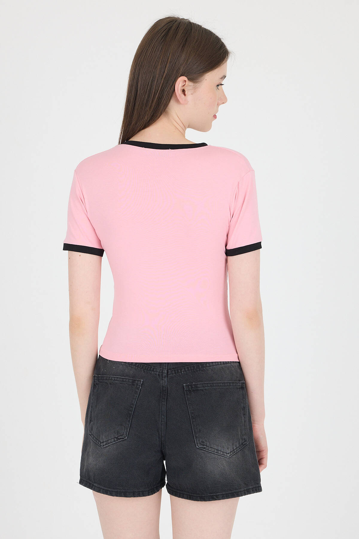 Pembe Yazı Baskılı Biyeli Pamuklu Slim Fit Tişört 9192M - 5