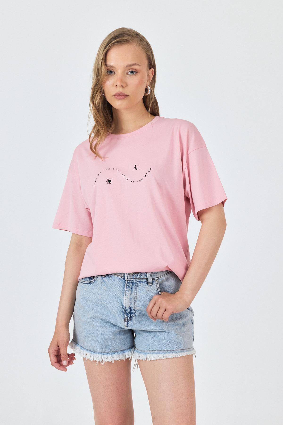 Pembe Yazı Baskılı Oversize Pamuklu Tişört 2150-32M 