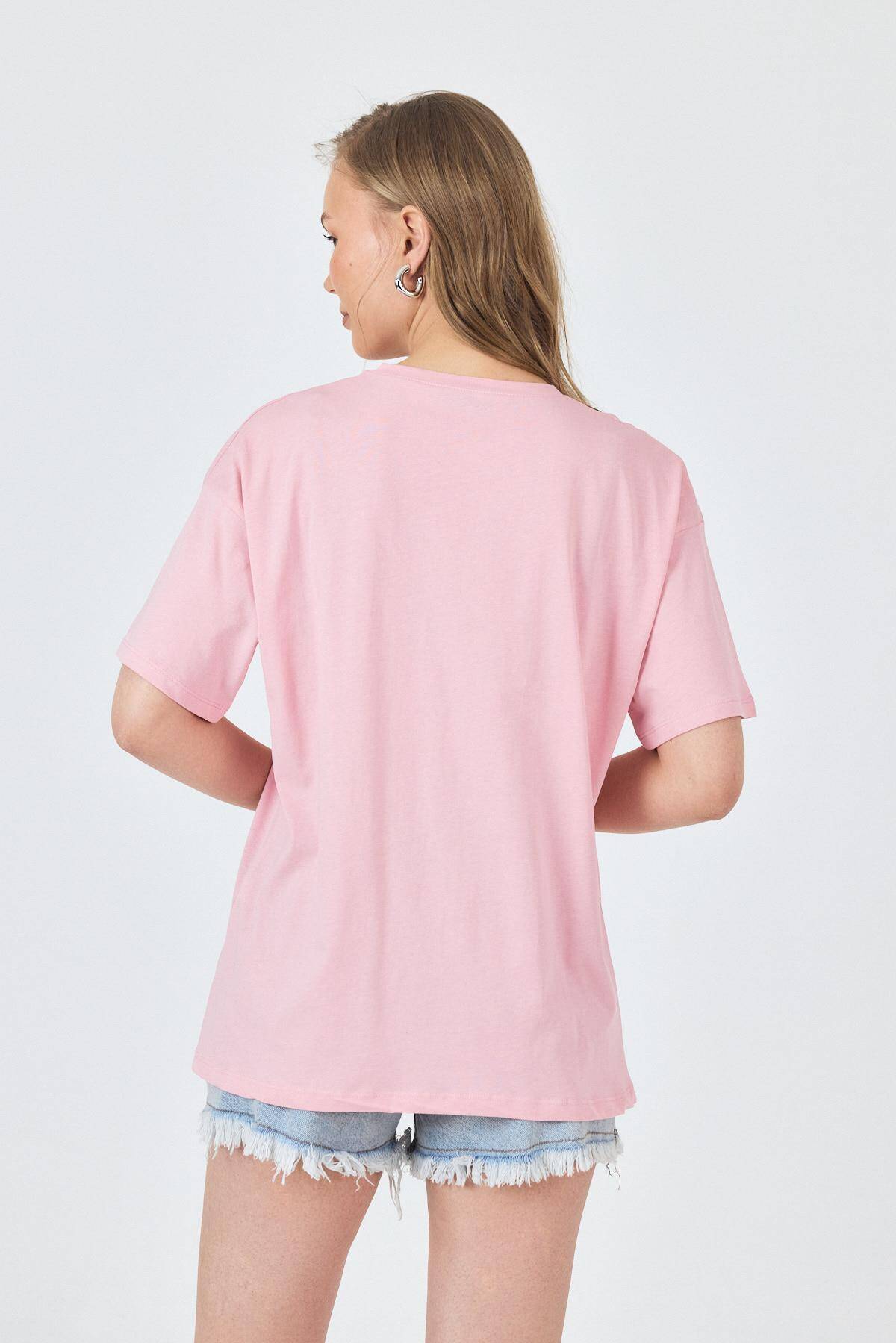 Pembe Yazı Baskılı Oversize Pamuklu Tişört 2150-32M - 5