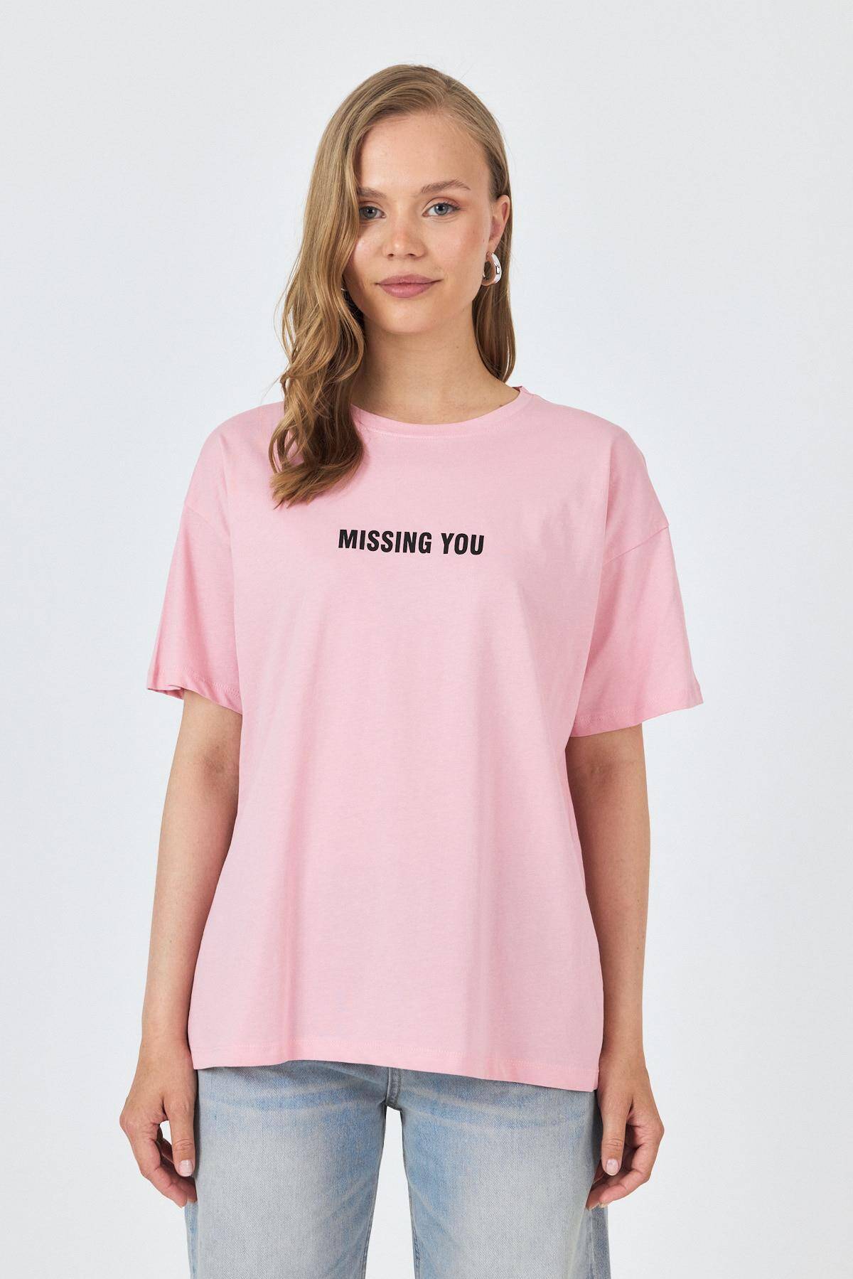 Pembe Yazı Baskılı Pamuklu Oversize Tişört 2150-6M - Stilay