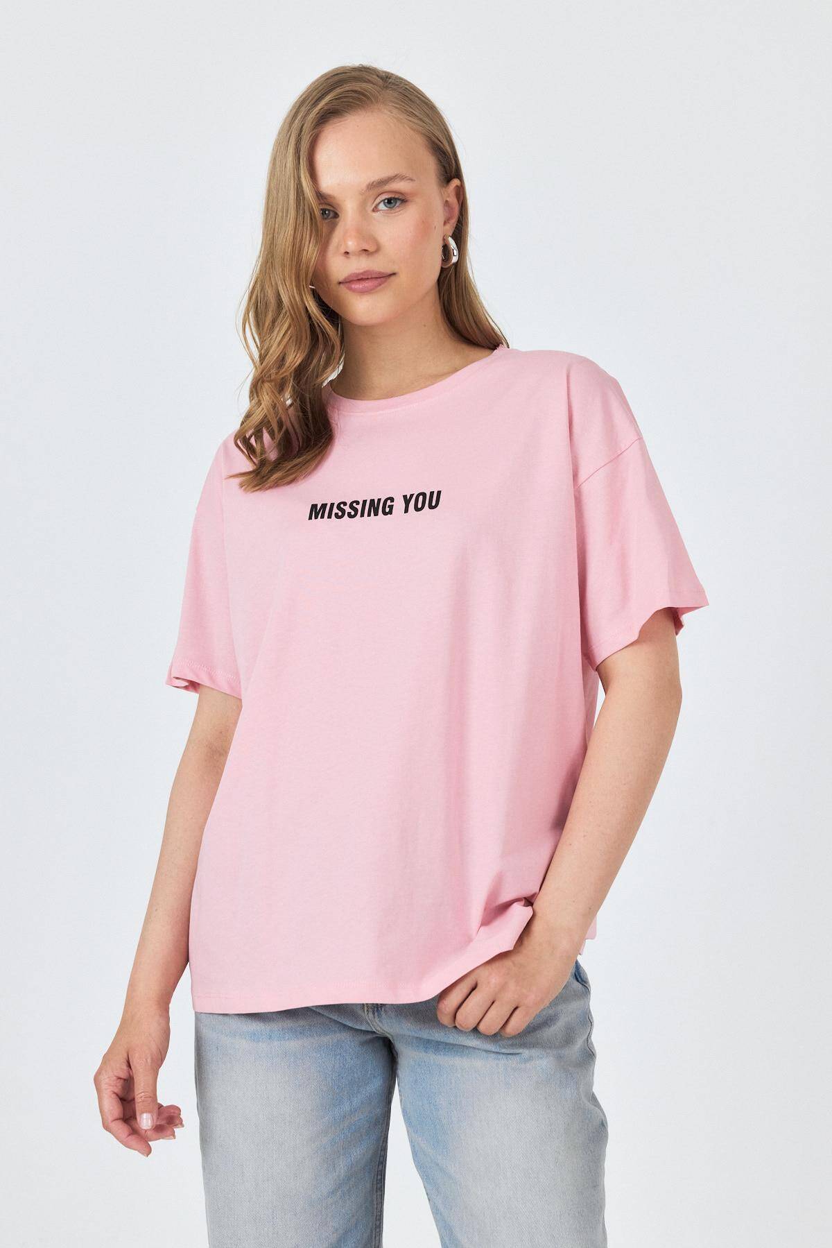 Pembe Yazı Baskılı Pamuklu Oversize Tişört 2150-6M - 3