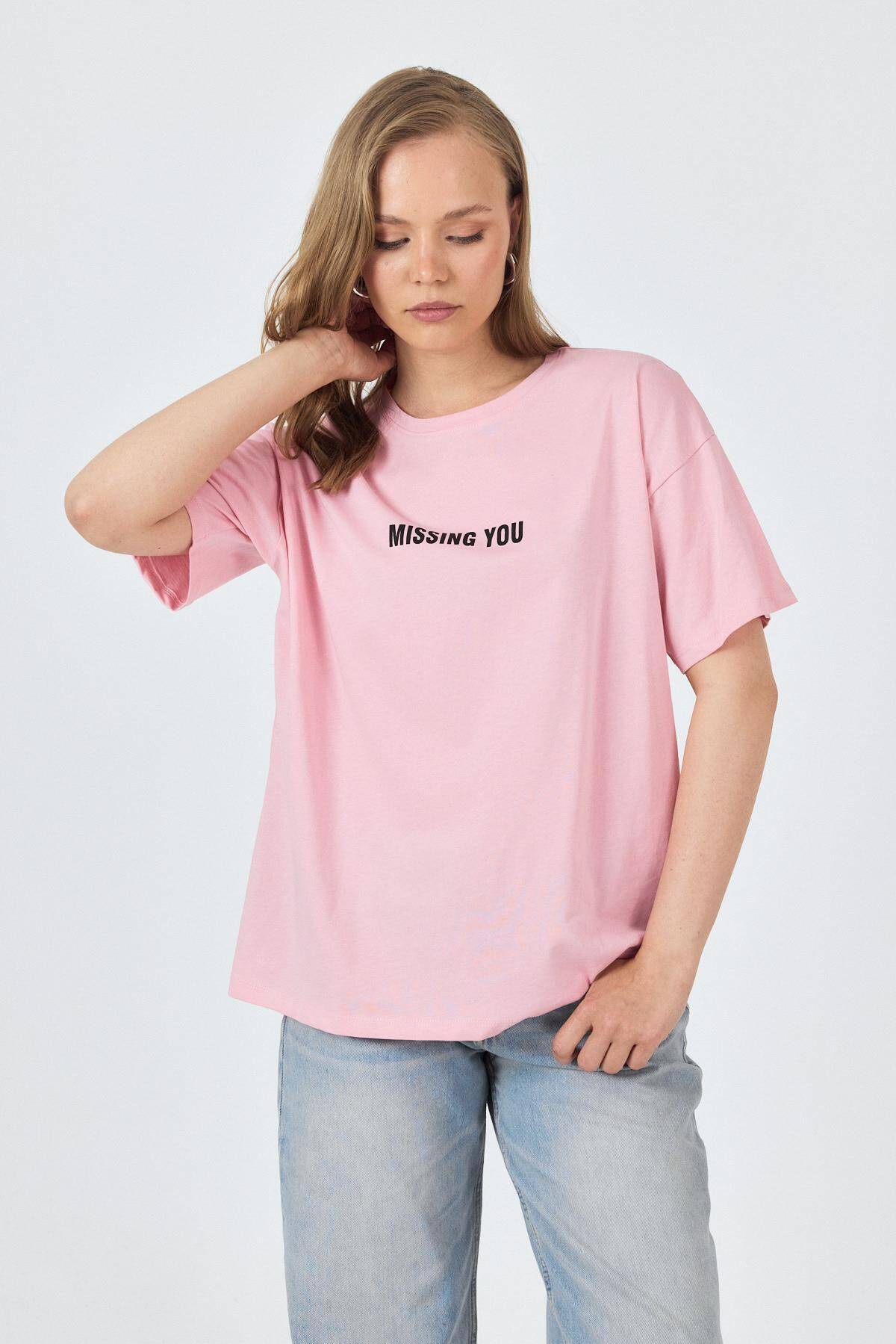 Pembe Yazı Baskılı Pamuklu Oversize Tişört 2150-6M - 6