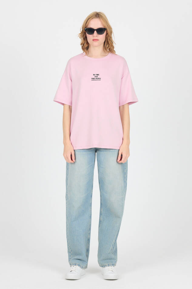 Pembe Yumuşak Dokulu Yazı Baskılı Oversize Tişört 6265 - 3