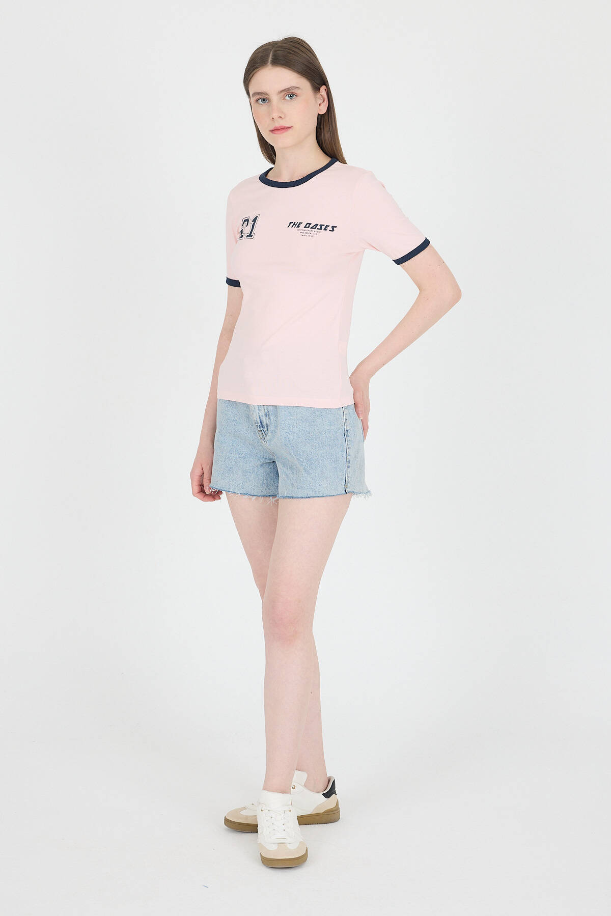 Pudra Ribanalı Yazı Baskılı Slim Fit Tişört 5981 - 3