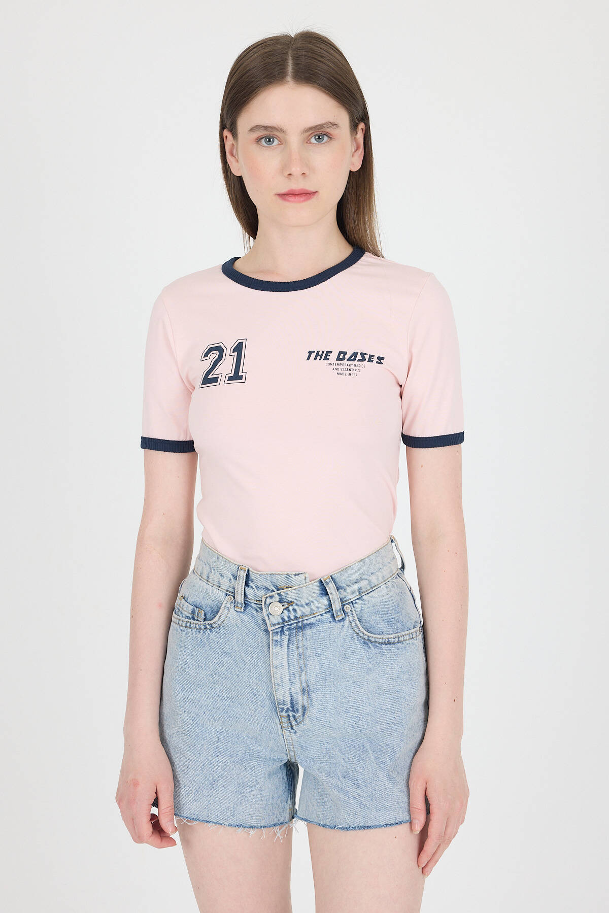 Pudra Ribanalı Yazı Baskılı Slim Fit Tişört 5981 - 4