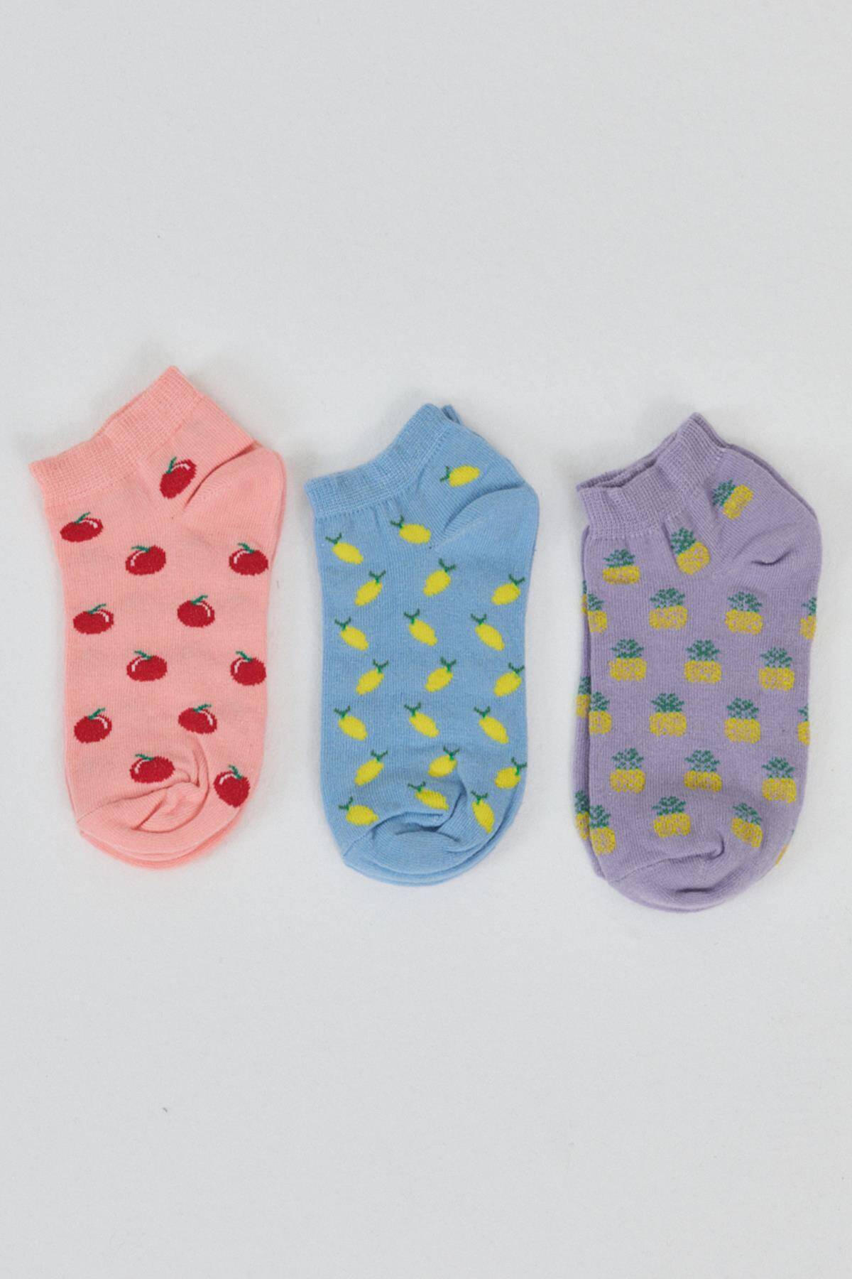 Renkli 3'lü Meyve Desenli Örme Patik Çorap 1117 - Stilay