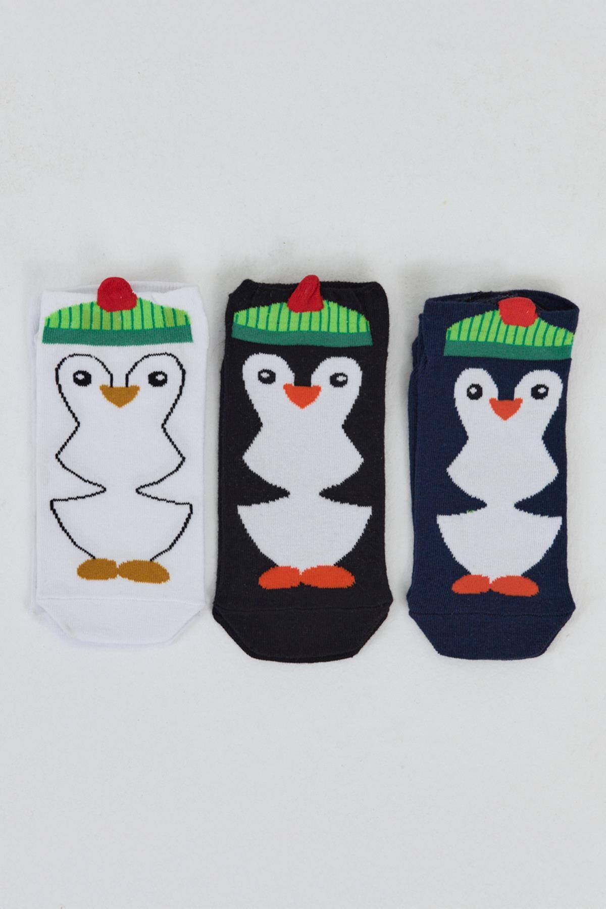Renkli 3'lü Penguen Desenli Örme Patik Çorap 1104 - Stilay