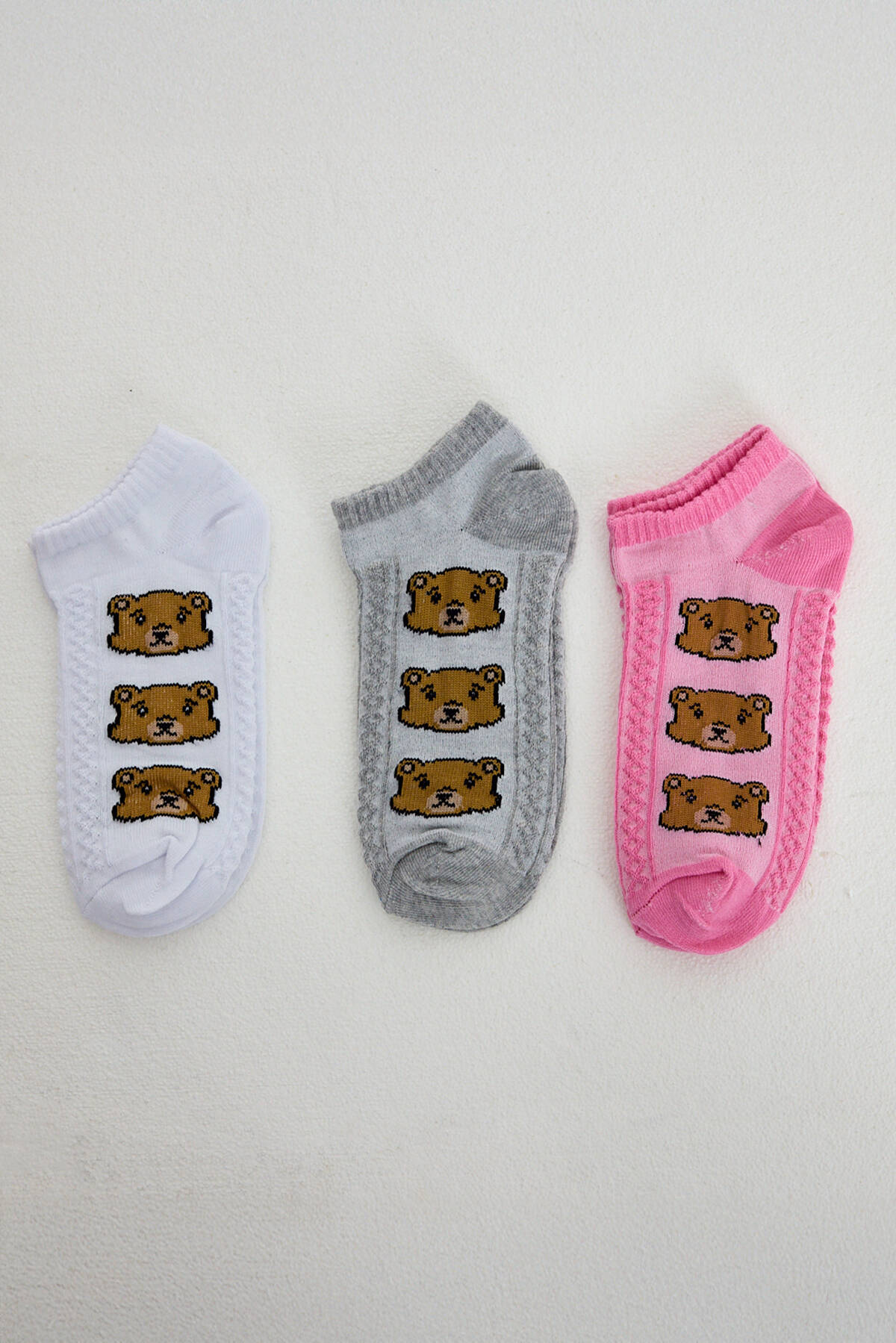 Renkli Ayı Desenli 3'lü Örme Patik Çorap 1204 - Stilay