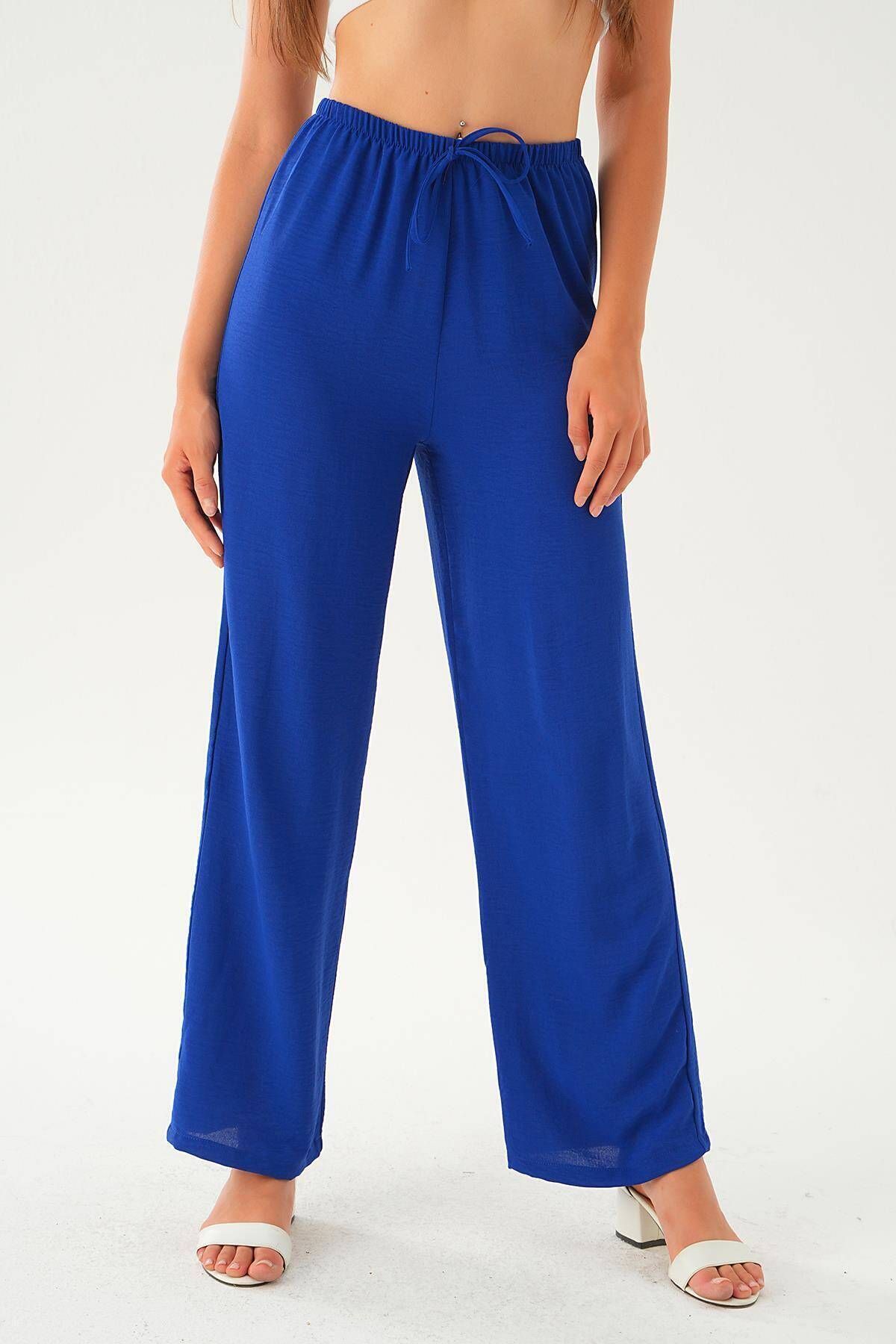 Saks Beli Lastikli Bol Paça Dokuma Pantolon 4284-1 - 3