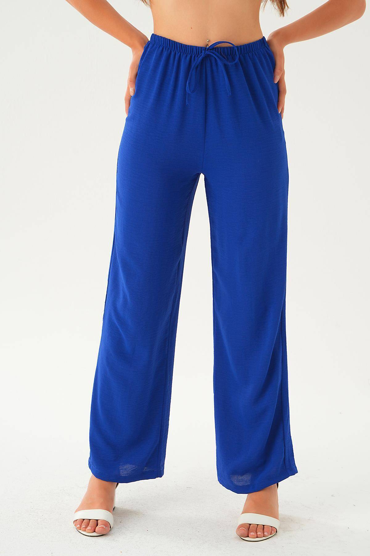 Saks Beli Lastikli Bol Paça Dokuma Pantolon 4284-1 - 4