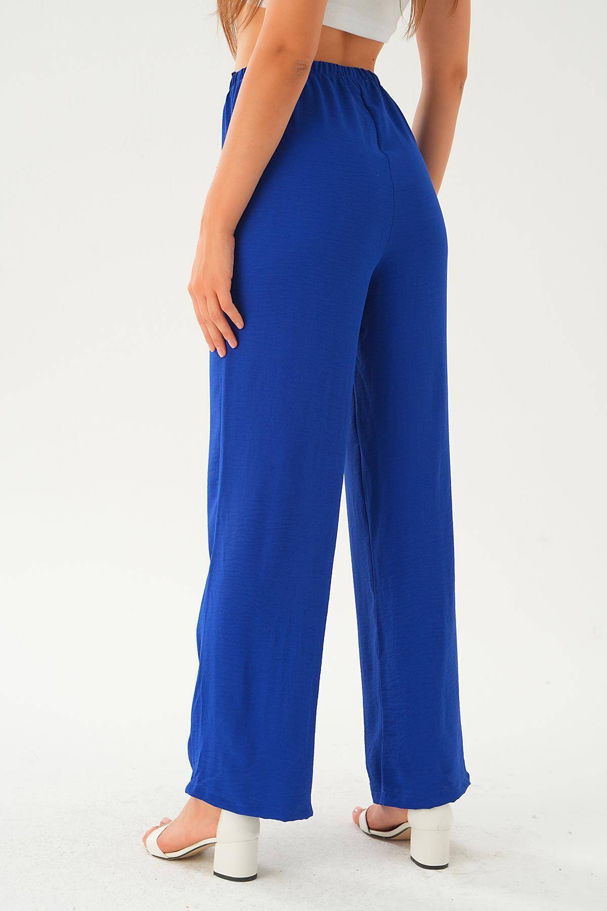 Saks Beli Lastikli Bol Paça Dokuma Pantolon 4284-1 - 5