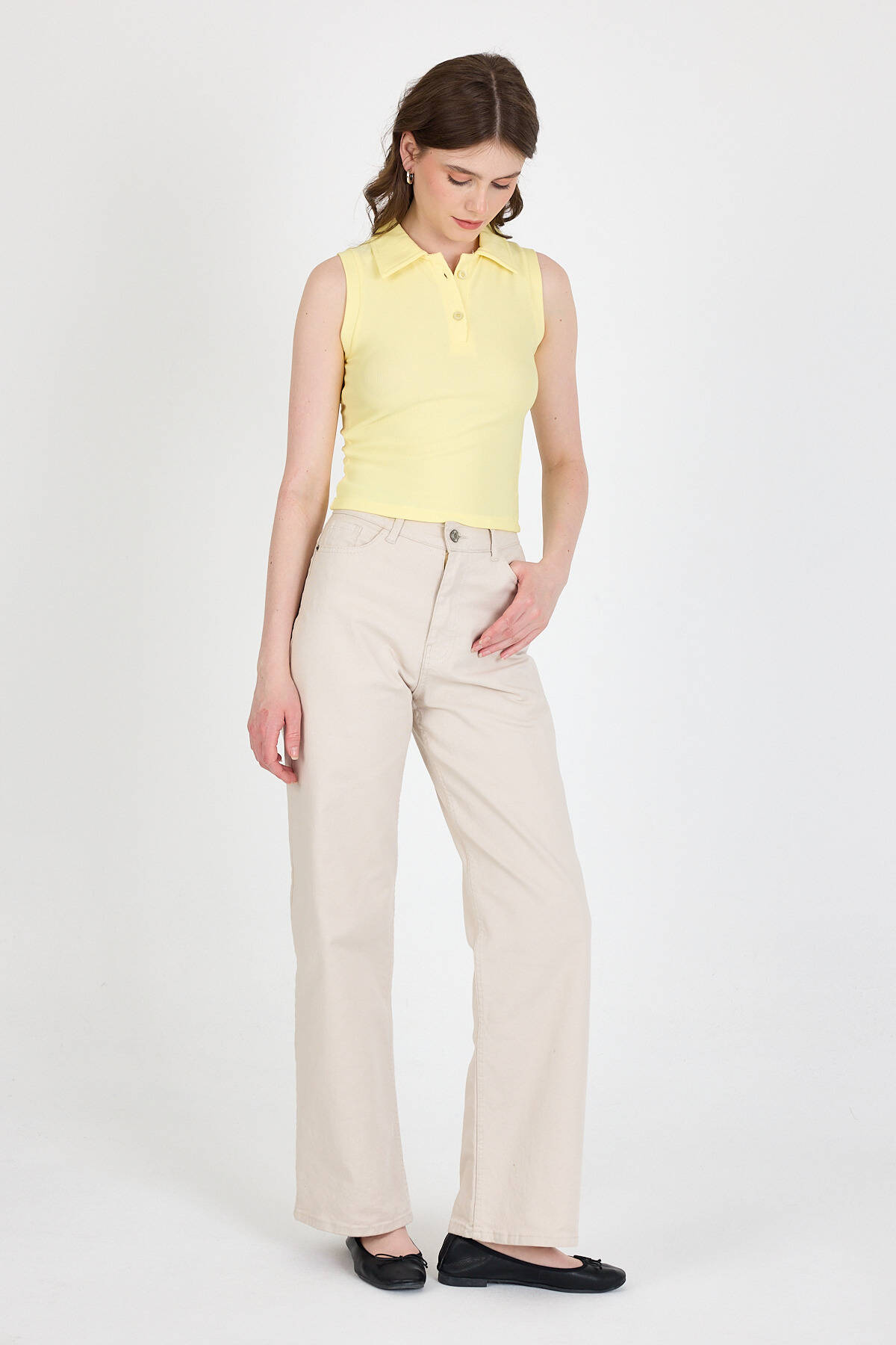 Sarı Düğmeli Polo Yaka Sıfır Kol Örme Bluz 2219 - Stilay