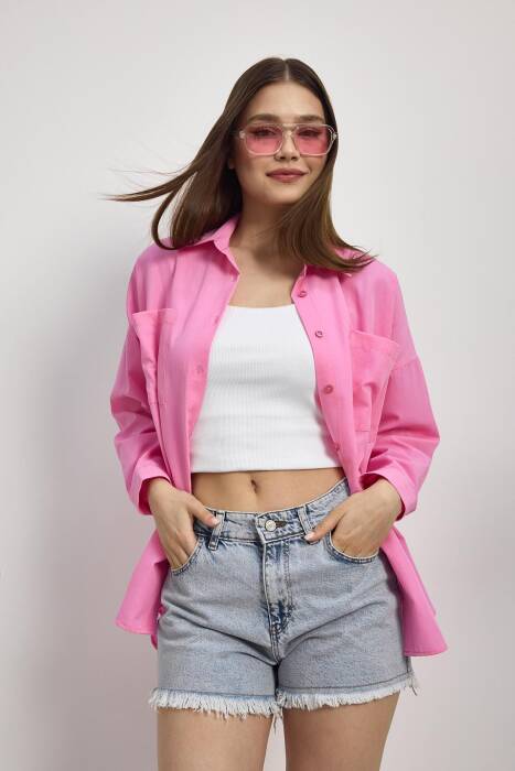 Şeker Pembe Çift Cepli Oversize Uzun Basic Gömlek TCR 6256A - Stilay