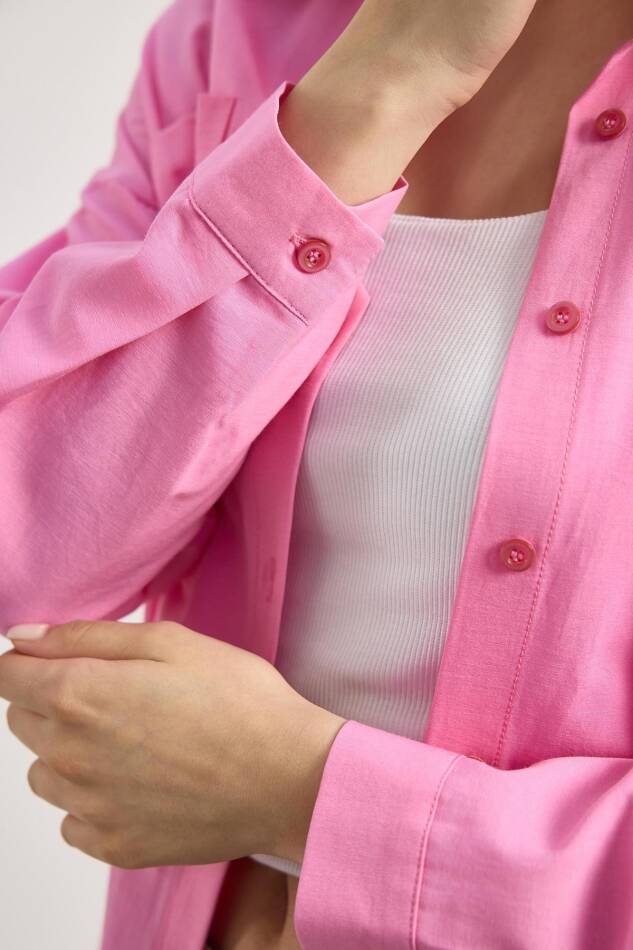 Şeker Pembe Çift Cepli Oversize Uzun Basic Gömlek TCR 6256A - 4