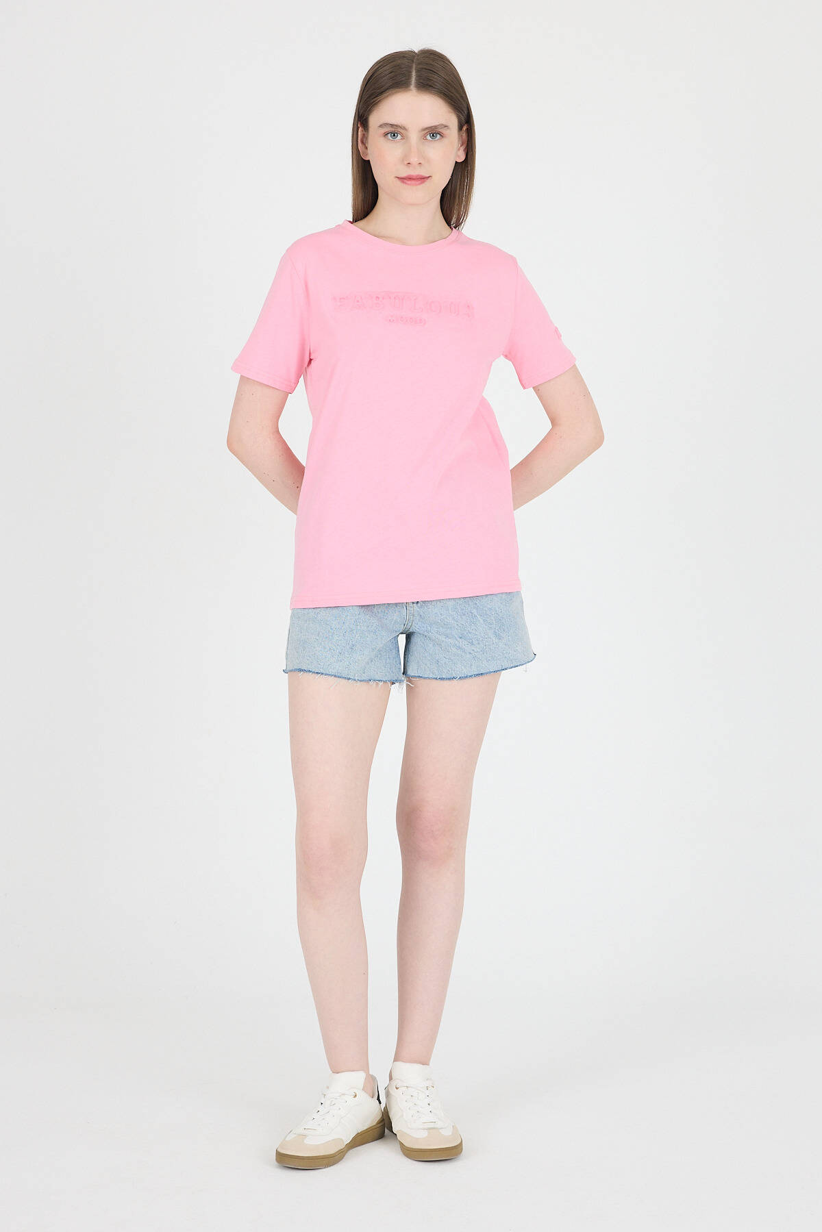Şeker Pembe Kabartma Yazılı Relaxed Fit Tişört 25209 