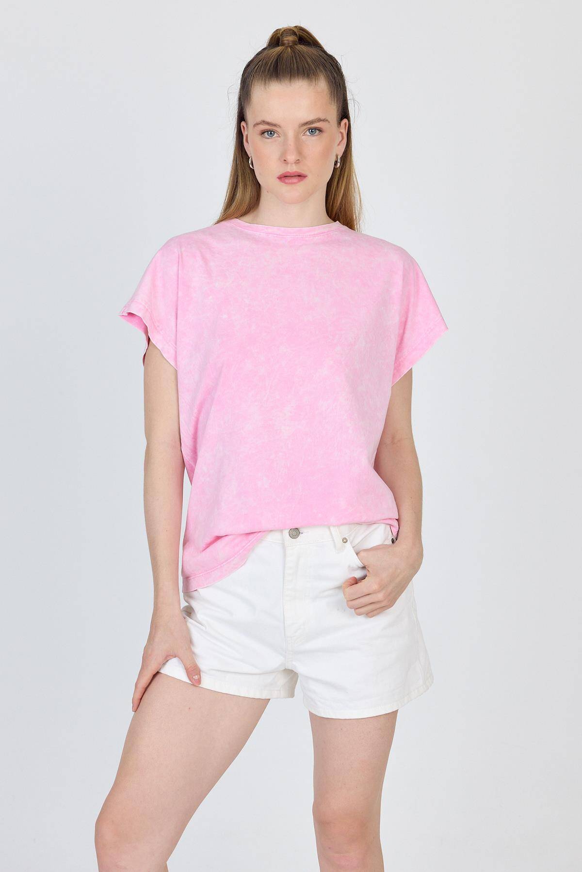Şeker Pembe Yıkamalı Oversize Basic Tişört 253014 - 1