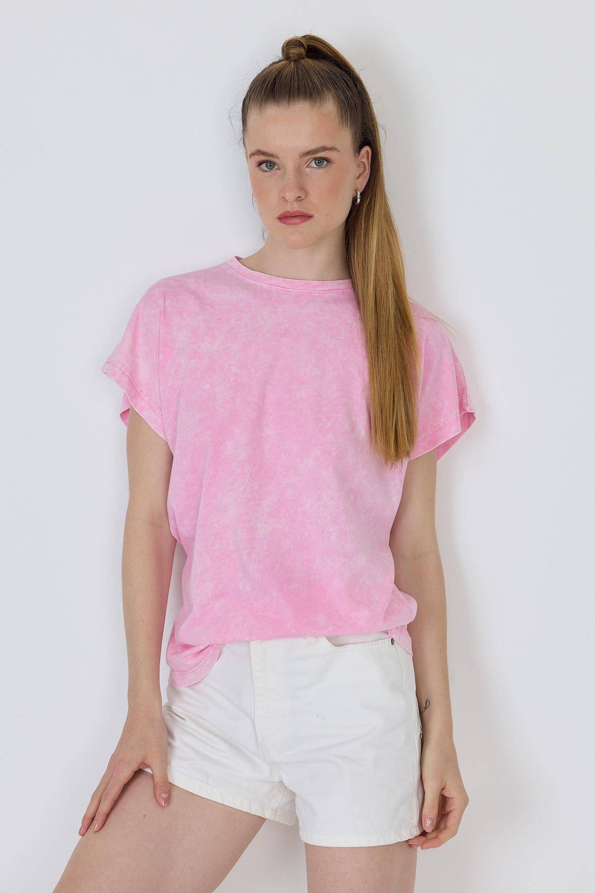 Şeker Pembe Yıkamalı Oversize Basic Tişört 253014 - 2