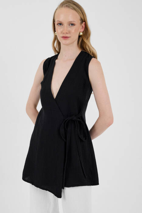 Siyah %100 Pamuk Müslin Yandan Bağlamalı Kuşaklı Yelek 8017A - Stilay