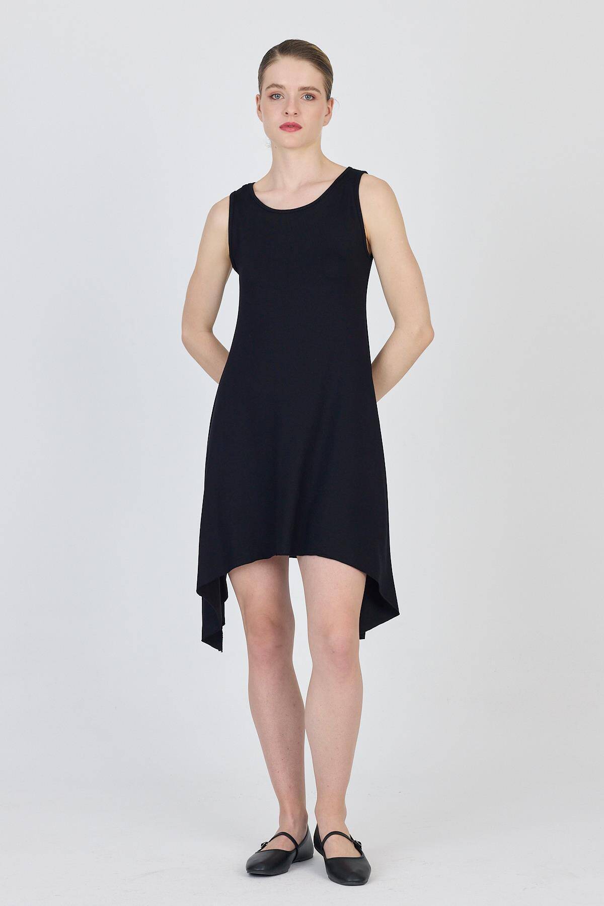 Siyah Asimetrik Kesim Kolsuz Elbise 4034 - Stilay