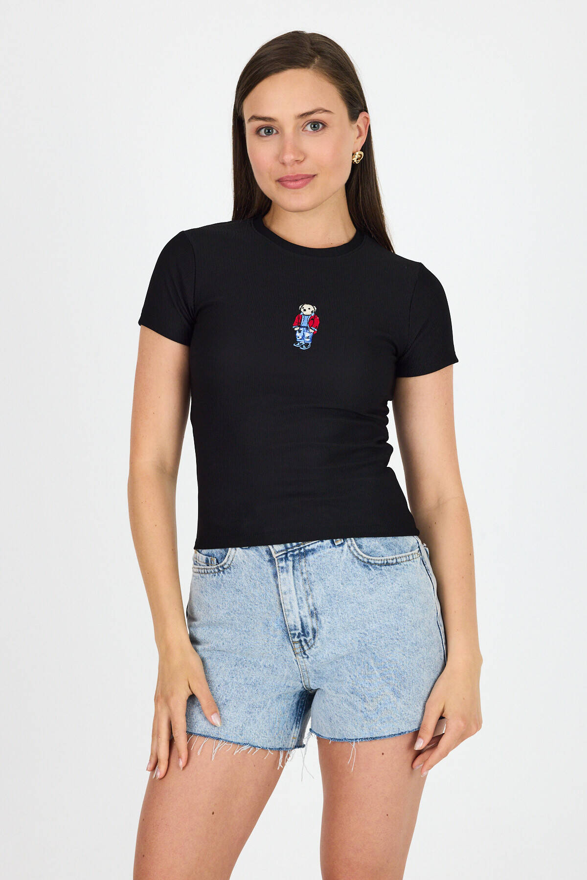 Siyah Ayıcık Nakış İşlemeli Crop Tişört 9203M - Stilay