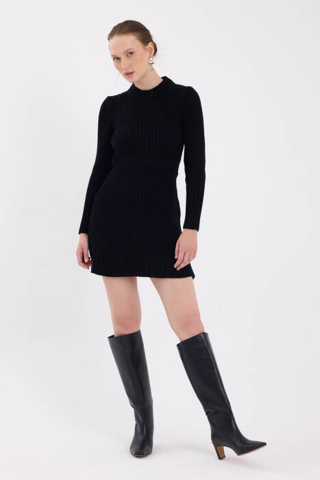 Siyah Balıkçı Yaka Triko Mini Elbise 1907 - Stilay