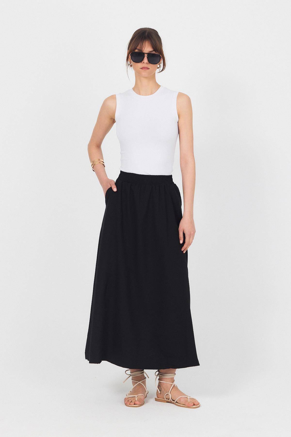 Siyah Bel Lastikli Cepli Kloş Etek 4747A - 1