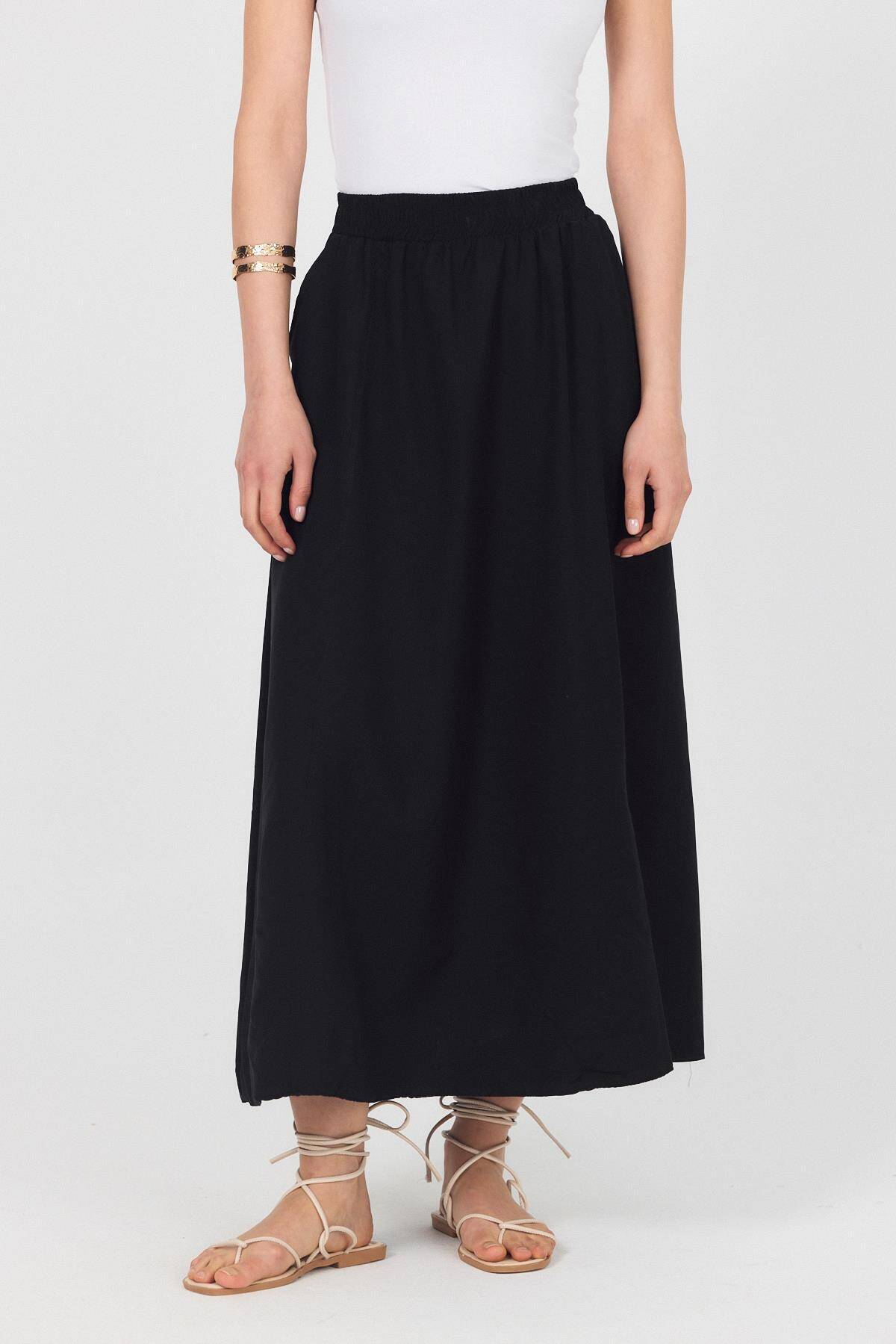 Siyah Bel Lastikli Cepli Kloş Etek 4747A - Stilay