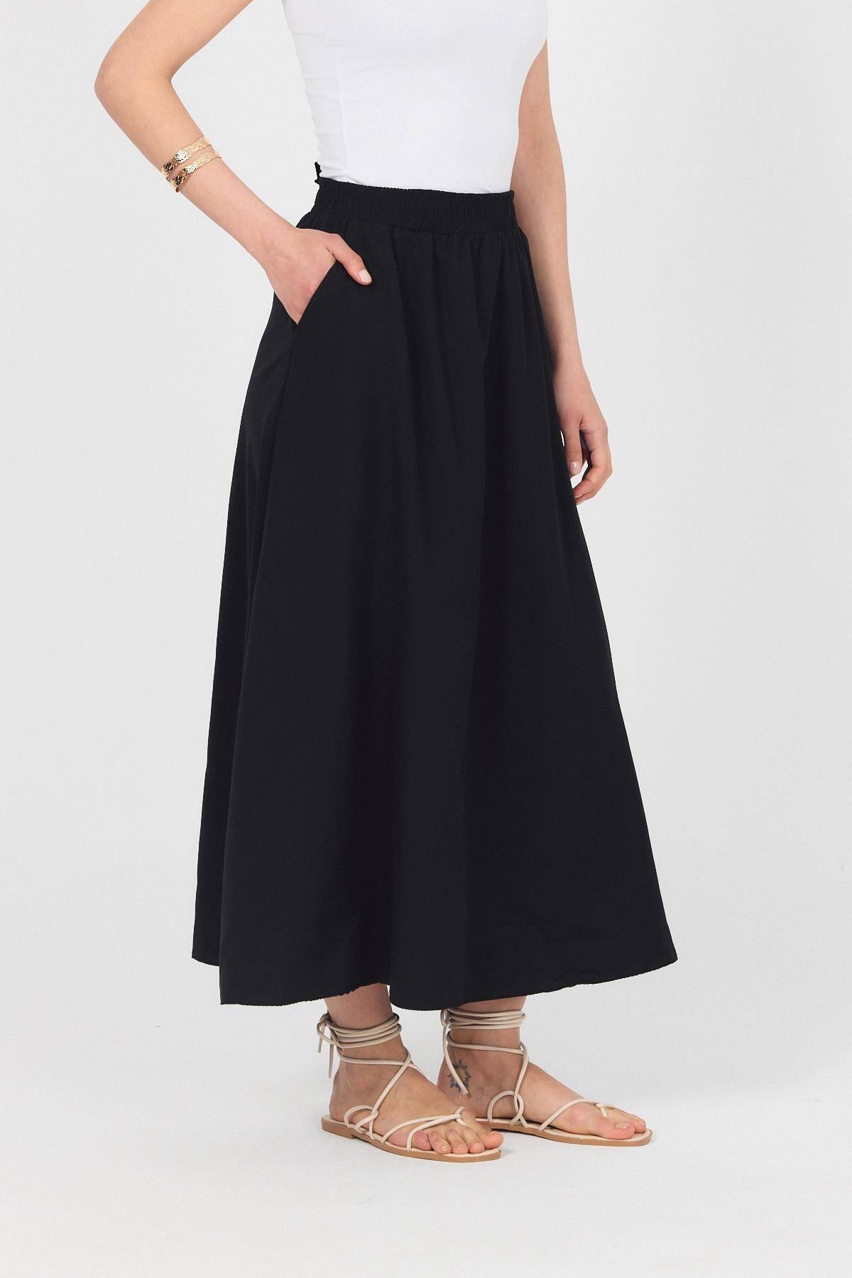 Siyah Bel Lastikli Cepli Kloş Etek 4747A - 3