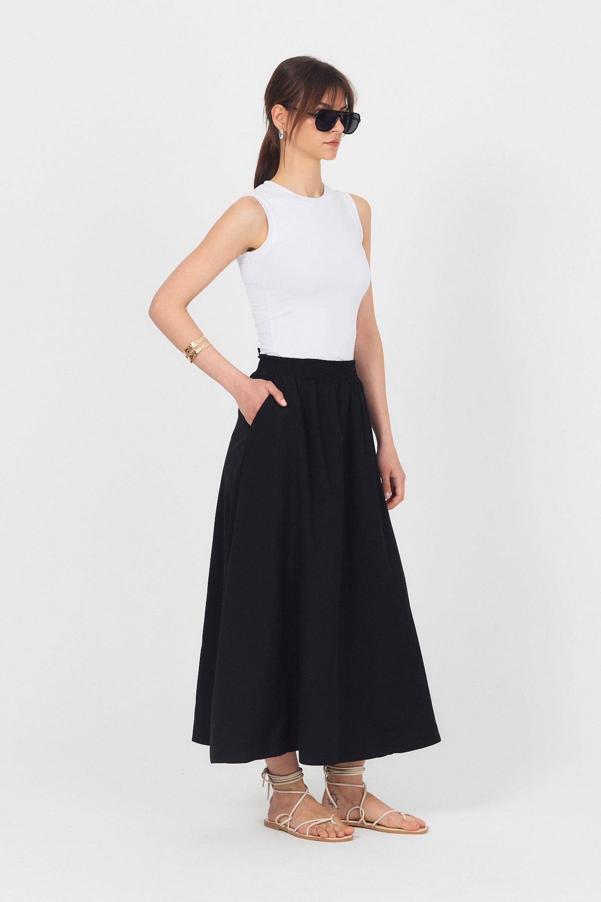 Siyah Bel Lastikli Cepli Kloş Etek 4747A - 7