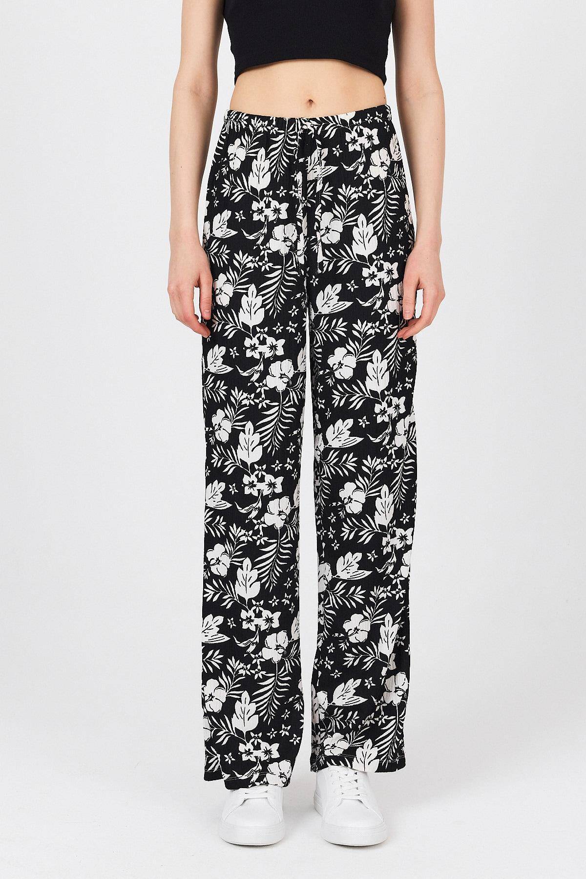 Siyah Bel Lastikli Desenli Pantolon 4725A - Stilay