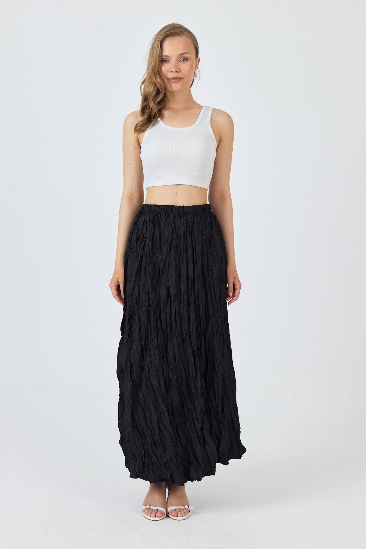 Siyah Bel Lastikli Kırışık Kumaş Etek 3483 - Stilay