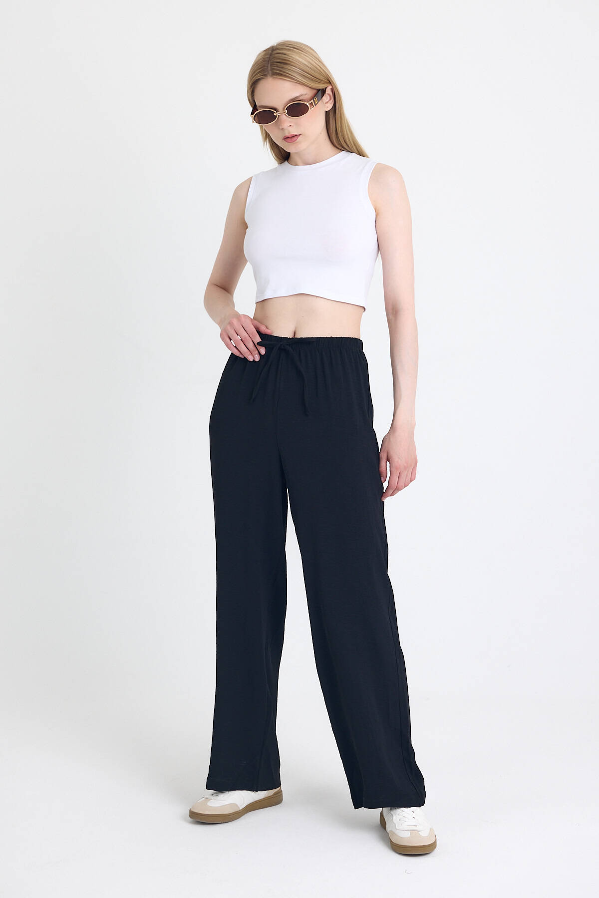 Siyah Beli Lastikli Bol Paça Dokuma Pantolon 4284-1 - Stilay