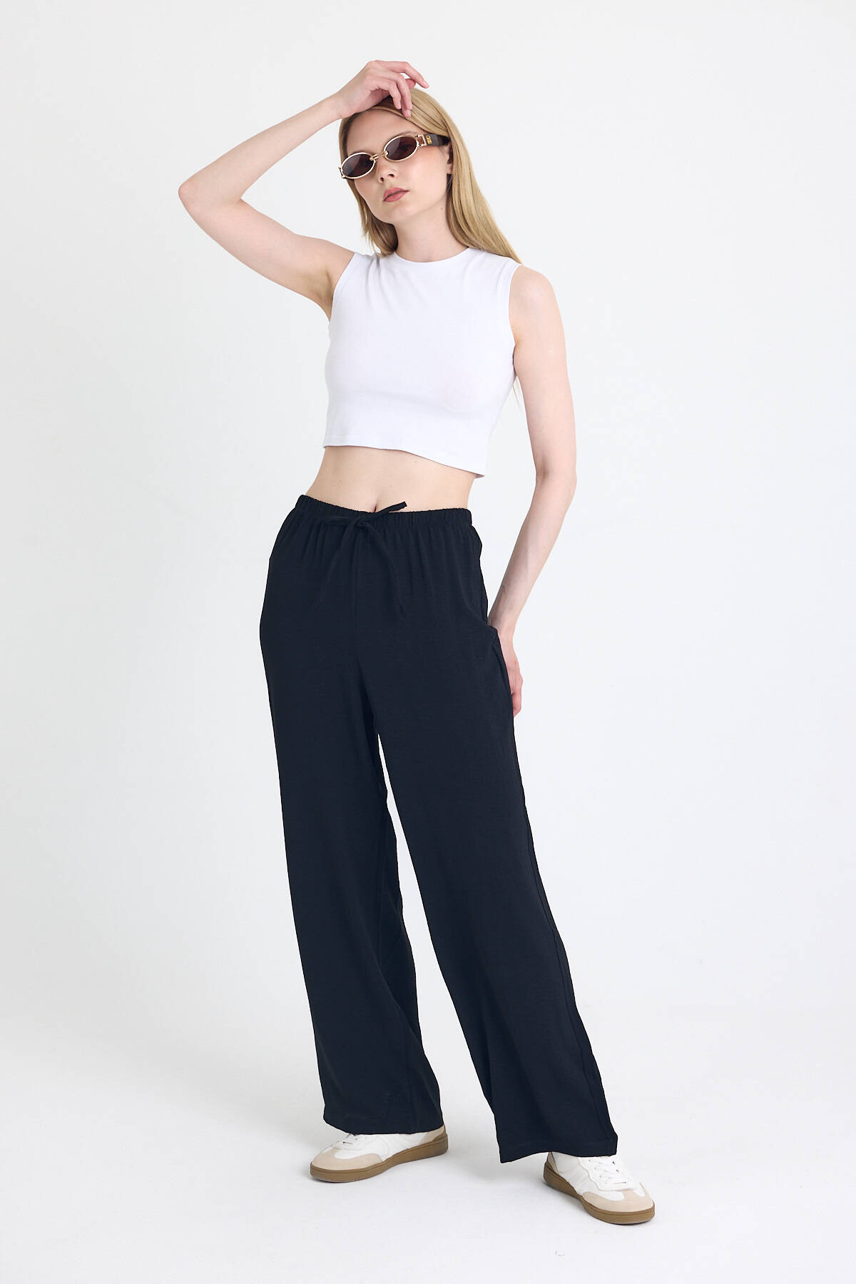 Siyah Beli Lastikli Bol Paça Dokuma Pantolon 4284-1 - 6