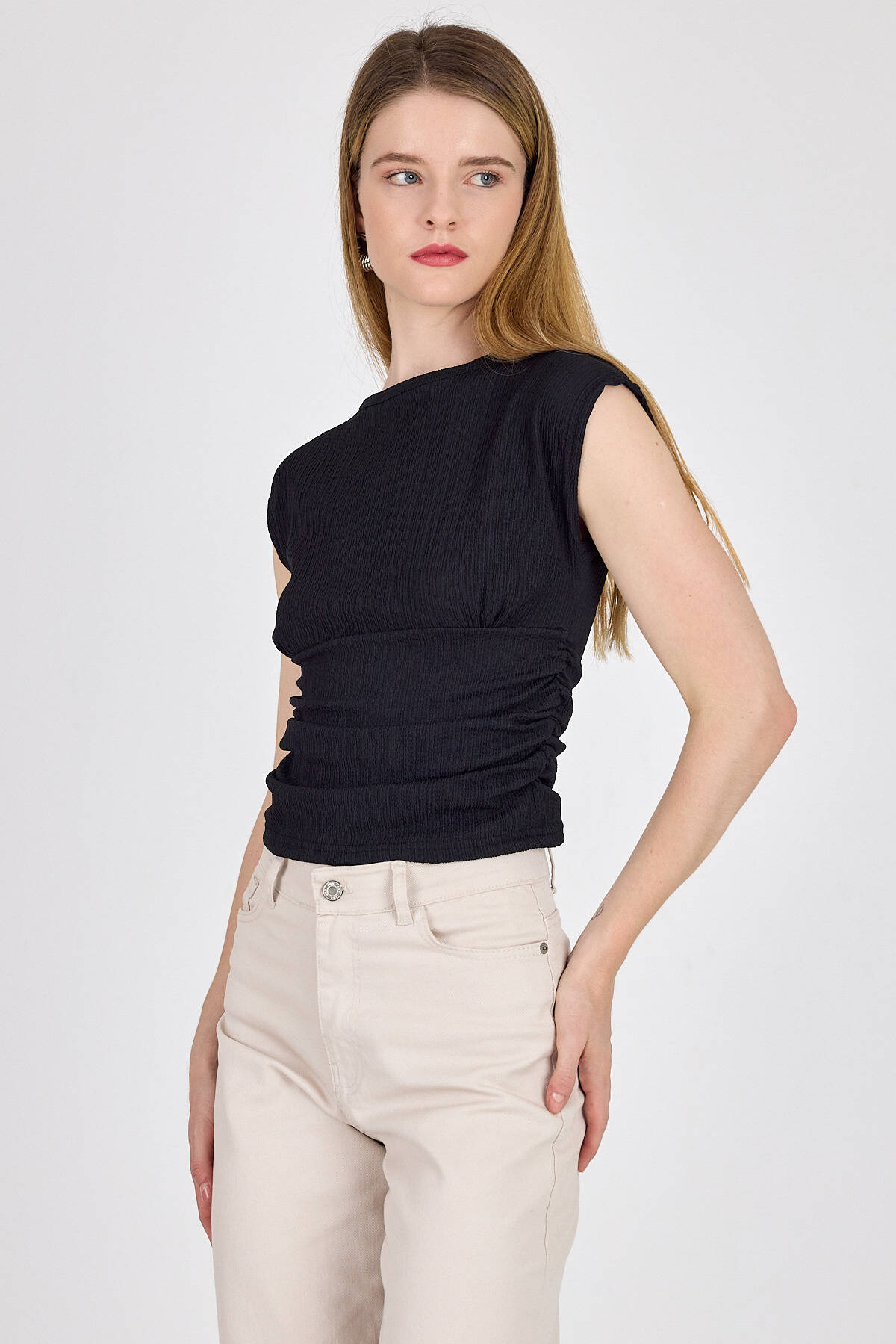 Siyah Bisiklet Yaka Bel Büzgülü Bluz 2301 - Stilay