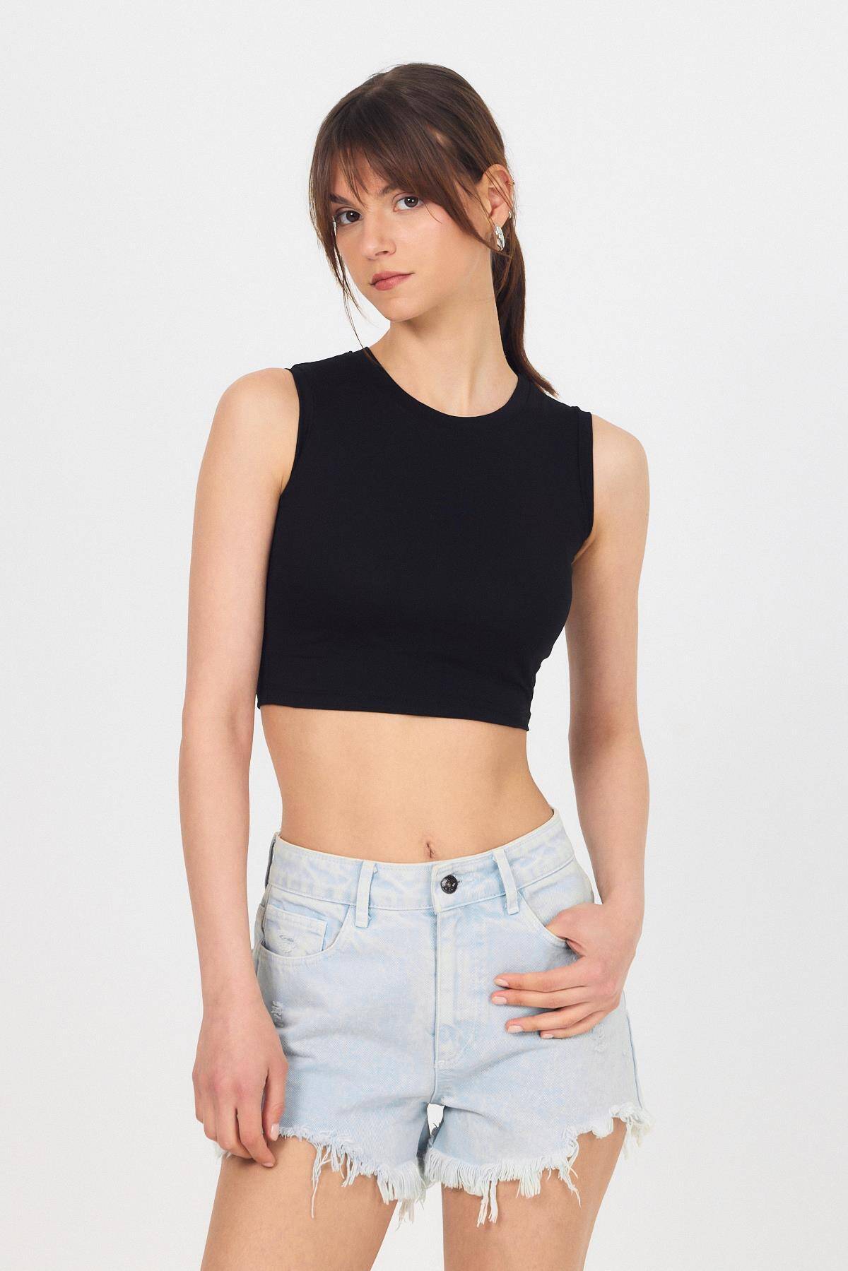 Siyah Bisiklet Yaka Crop Atlet 9189M - Stilay