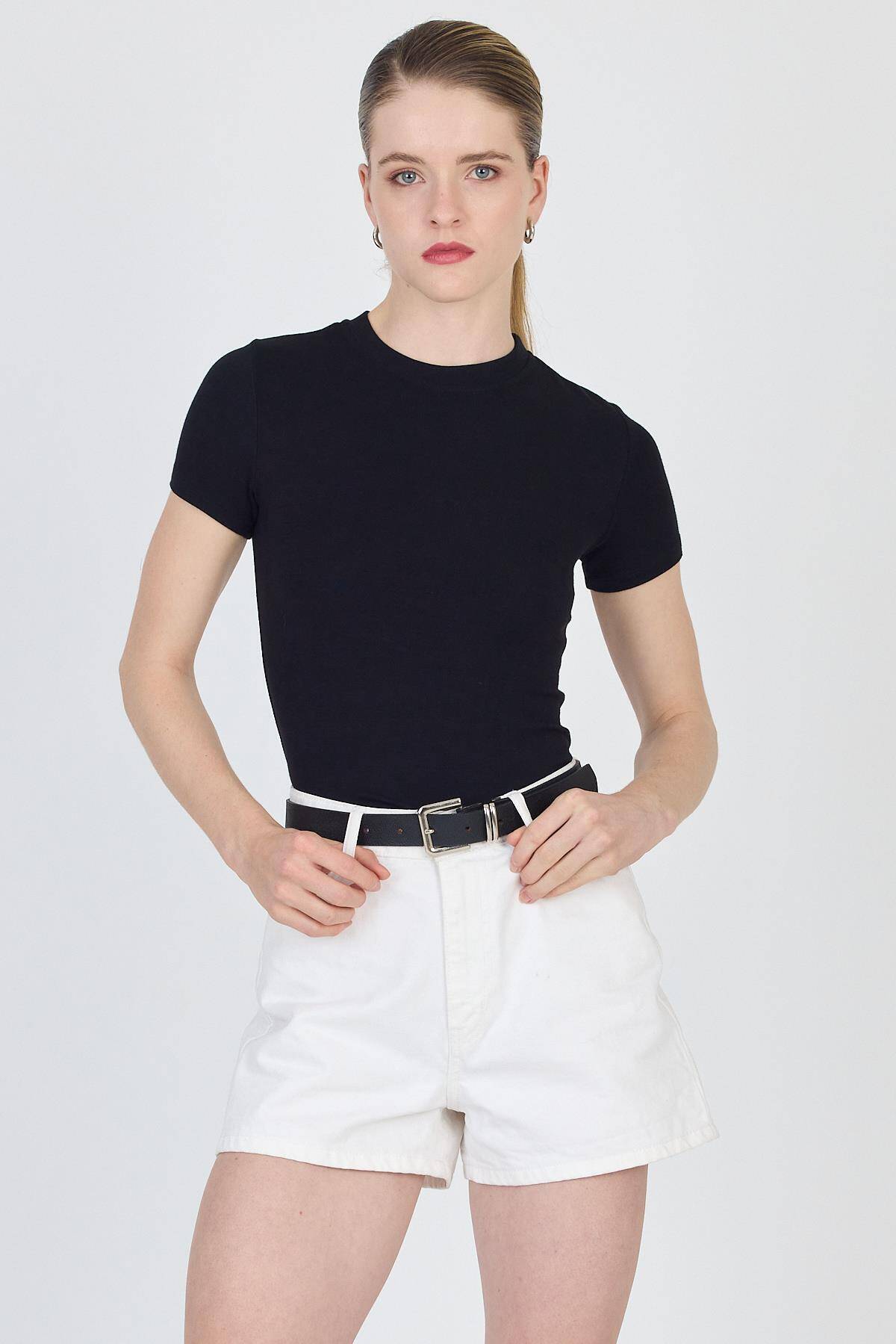 Siyah Bisiklet Yaka Viskoz/Yumuşak Kumaş Slim Fit Tişört 1468 - 1