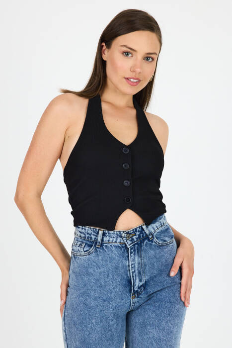 Siyah Boyundan Geçmeli Düğme Detaylı Yelek 2425 - Stilay