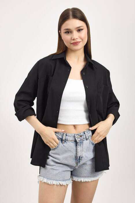 Siyah Çift Cepli Oversize Uzun Basic Gömlek TCR 6256A - Stilay