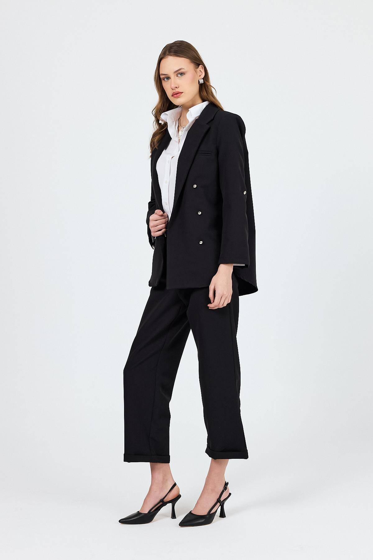 Siyah Çift Düğmeli Kemerli Takım 6670A - Stilay