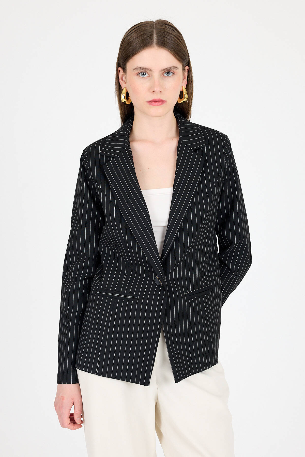 Siyah Çizgili Tek Düğmeli Blazer Ceket 4594A - Stilay