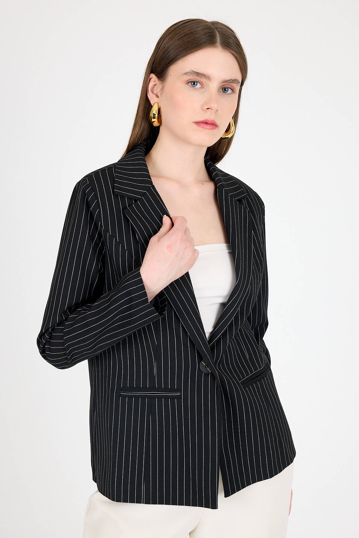 Siyah Çizgili Tek Düğmeli Blazer Ceket 4594A - 6
